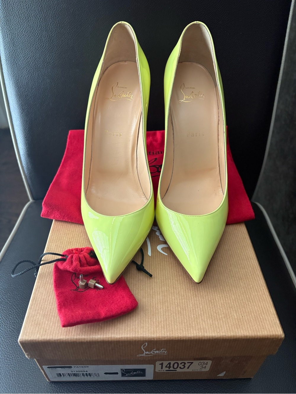 Christian Louboutin So Kate Neon Yellow Patent Pointed Toe Pumps 120mm